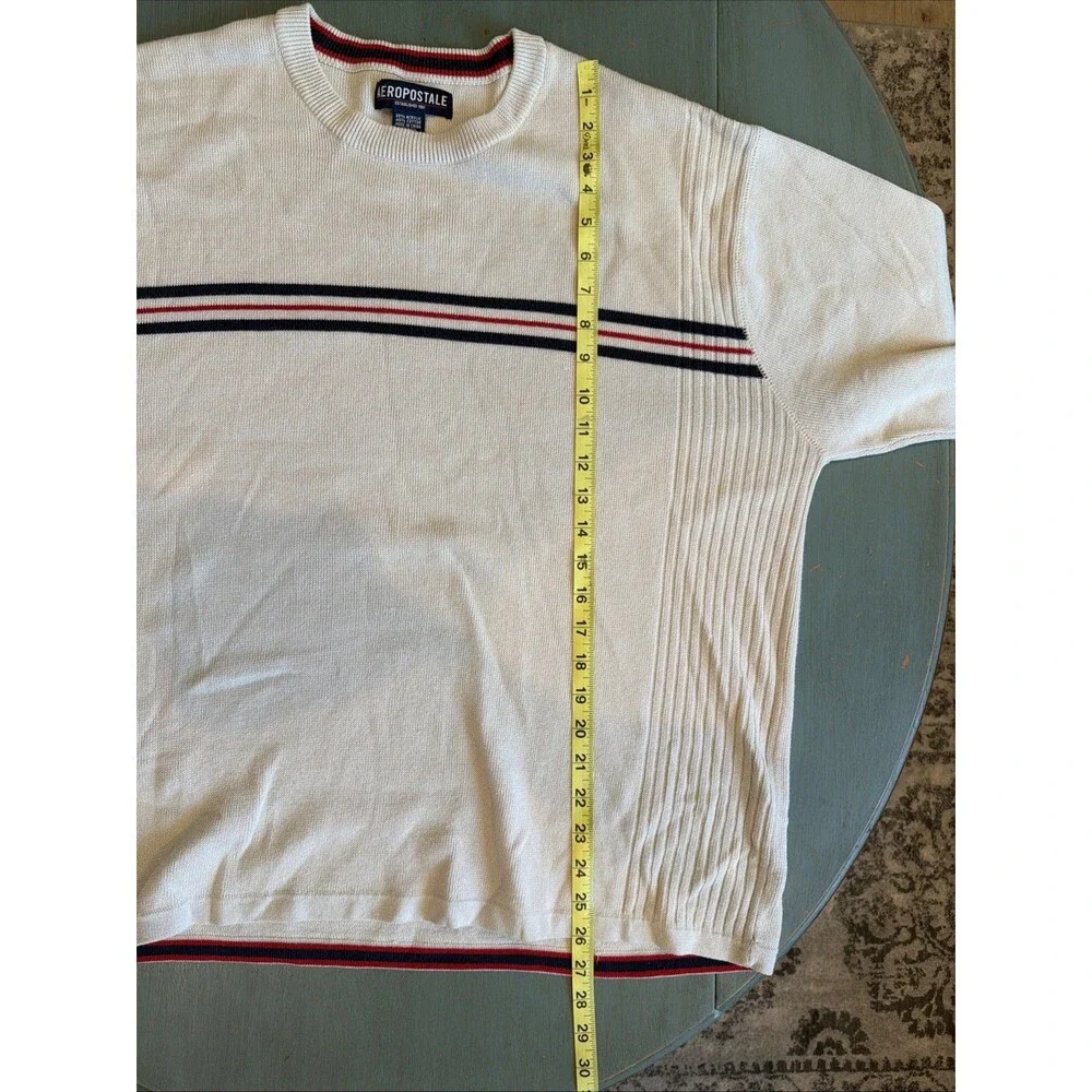 Aeropostale Y2K Striped Ribbed Knit Sweater Cream Navy Red XL